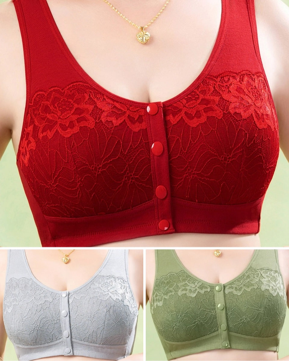 😍【3 bucăți】Sutien de damă din dantelă fără sârmă, închidere confortabilă în față 💨【40-100 kg】