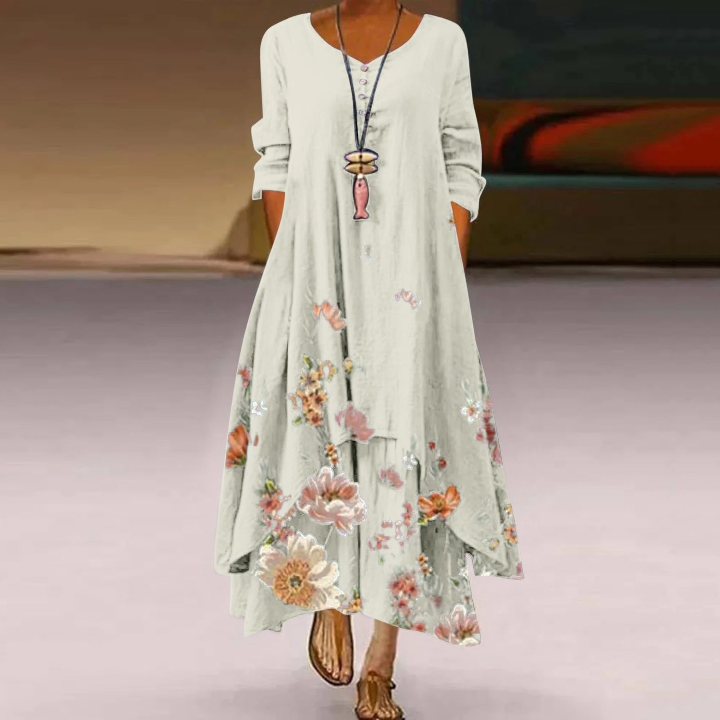 🌸【S-5XL】2025 Wiosna Nowa Moda Damska Elegancka Sukienka Z Długim Rękawem Nadrukiem