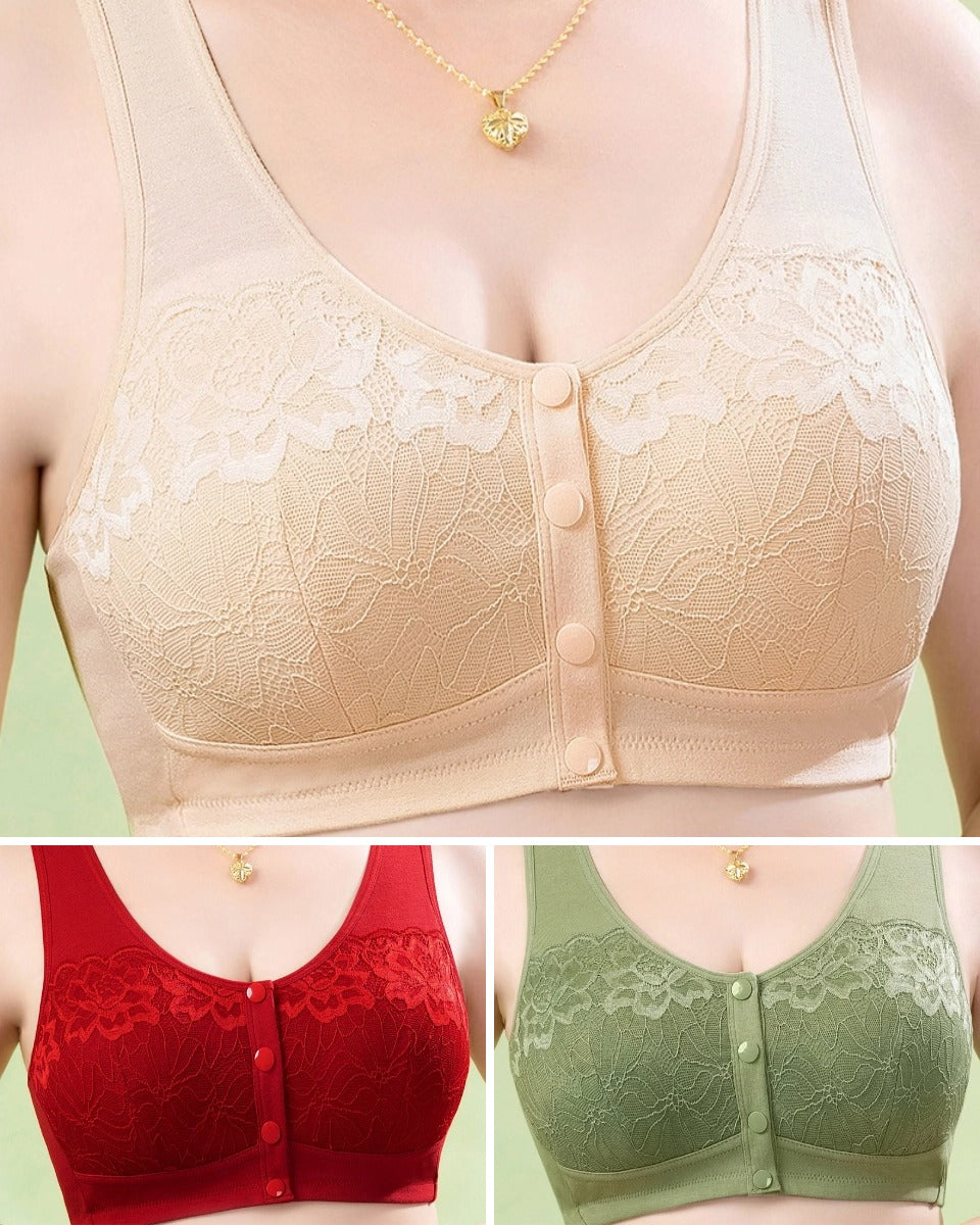 😍【3 bucăți】Sutien de damă din dantelă fără sârmă, închidere confortabilă în față 💨【40-100 kg】