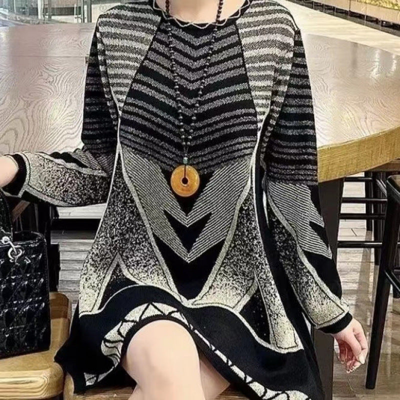 😍【L-6XL】Nowy sweter damski na jesień/zimę z okrągłym dekoltem i luźnym dzianinowym wzorem geometrycznym