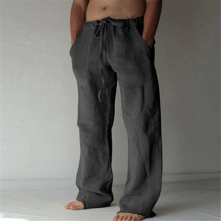 💥【S-5XL】Nowe męskie solidne kolory bawełna len drawstring luźne spodnie casual