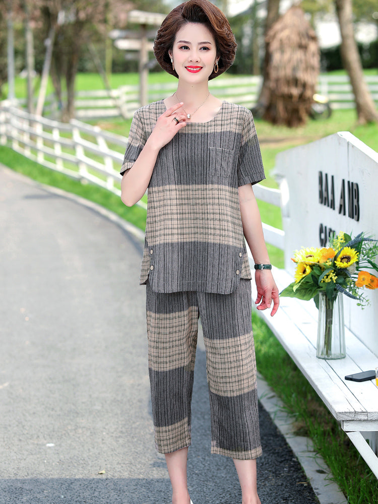 💖【M-4XL】Nowy dwuczęściowy kombinezon w kratę: top + spodnie casual - 4038460
