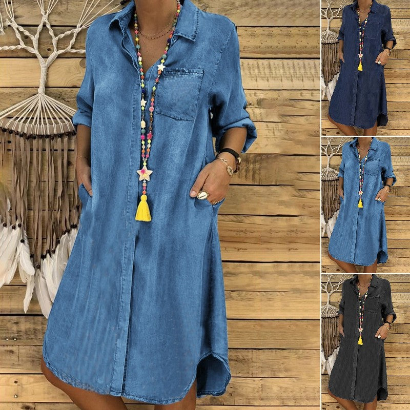 🔥💙💜🖤【Rabat ograniczony czasowo】【S-5XL】2025 plus size ladies denim dress casual dress plain color