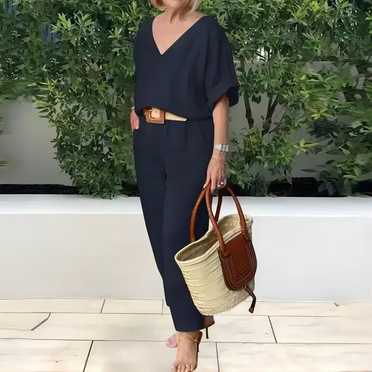 【S-5XL】Elegantni ženski set od lana i pamuka: široka bluza s V-izrezom i duge hlače, mekan, prozračan i hladan materijal