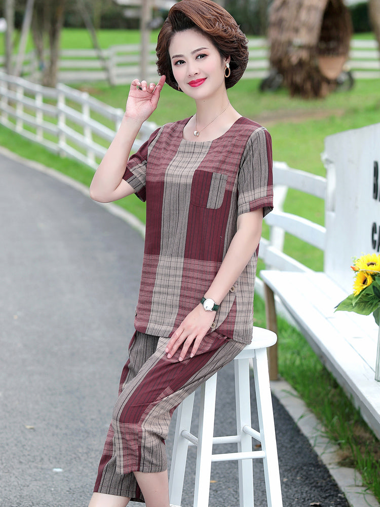 💖【M-4XL】Nowy dwuczęściowy kombinezon w kratę: top + spodnie casual - 4038460