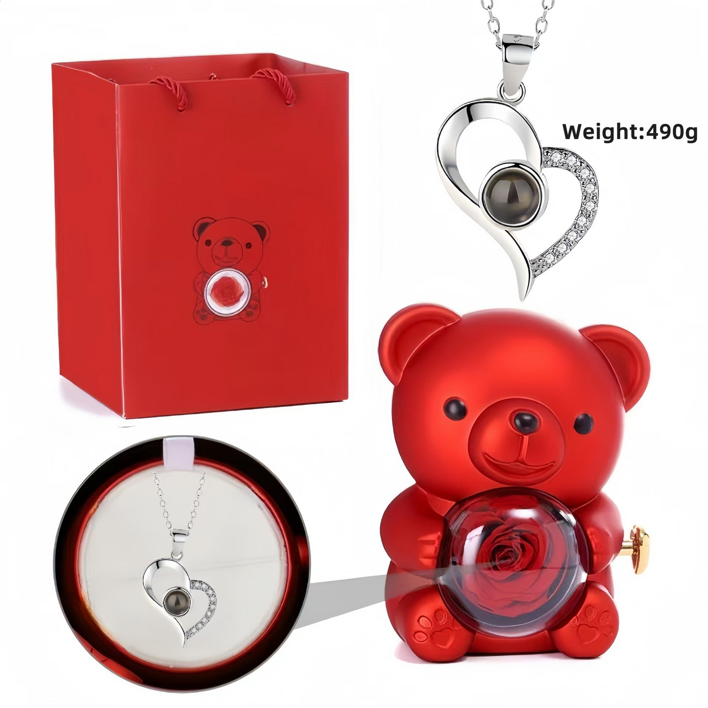 ✨Jemný náhrdelník ve tvaru srdce v rozkošné dárkové krabičce ve tvaru medvídka, ozdobený růžemi a krásně zabalený – romantický sváteční dárek ke Dni matek, svatbám, výročím a Valentýnu.