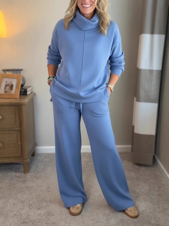 🍂🐏【Nowość – Ograniczona czasowo zniżka 50%】Damski dwuczęściowy zestaw na jesień/zimę w jednolitym kolorze: bluza z golfem z czystej bawełny + spodnie casualowe