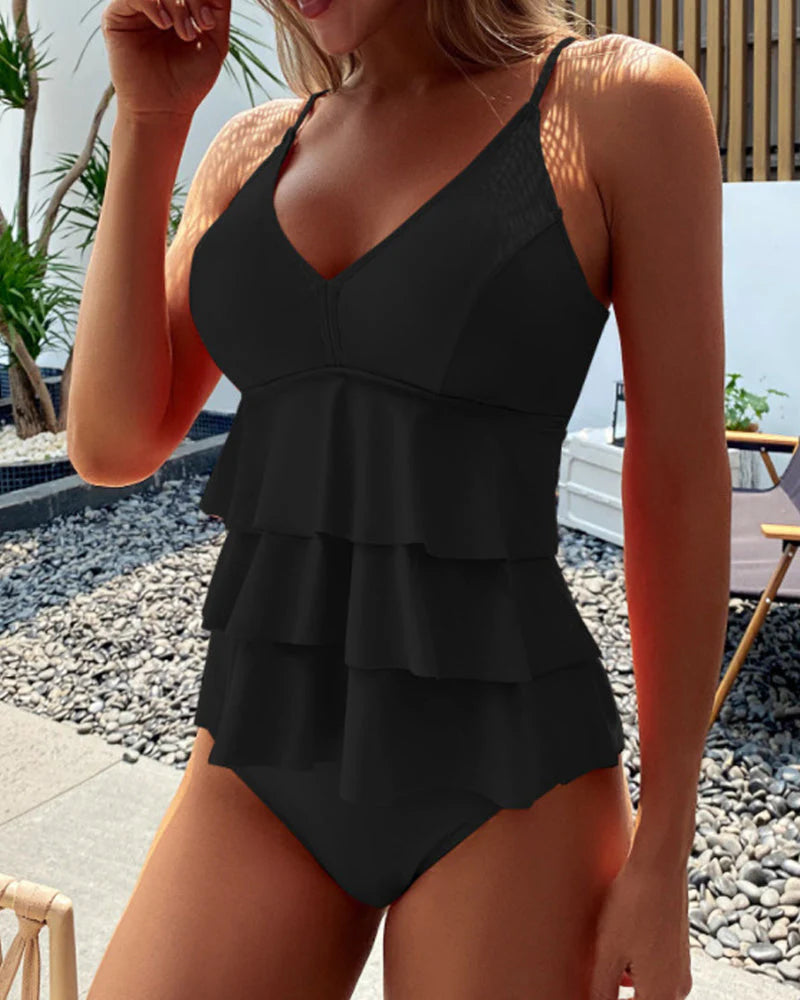 🌴【S-XL】Tankini z rozcięciem i falbanami w jednolitym kolorze