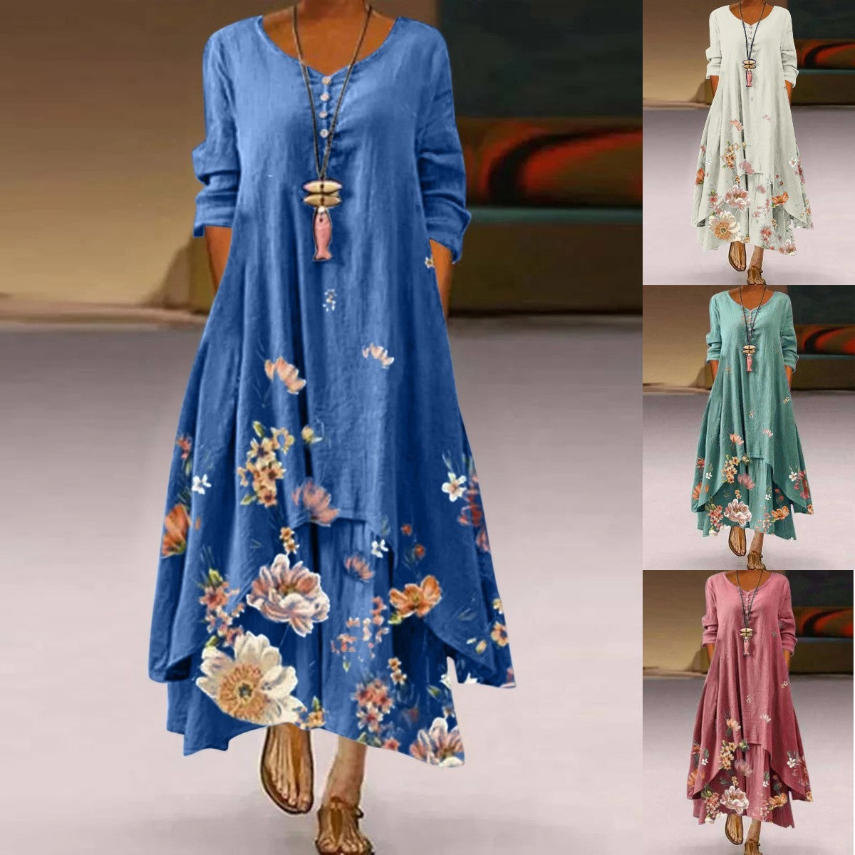 🌸【S-5XL】2025 Wiosna Nowa Moda Damska Elegancka Sukienka Z Długim Rękawem Nadrukiem