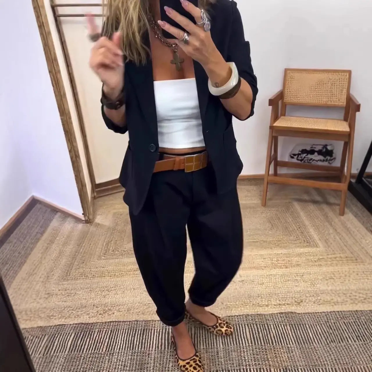 💎50% de descuento por tiempo limitado💎Conjunto de blazer y pantalón para mujer con solapas - corte ajustado, material suave👖✨【40-120 kg】