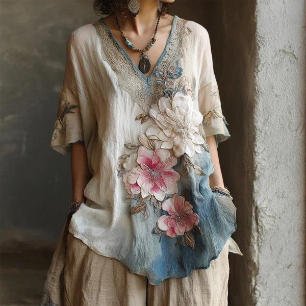 🌺【Ofertă limitată】Bluză elegantă cu imprimeu floral și decolteu adânc în V 【S-4XL】