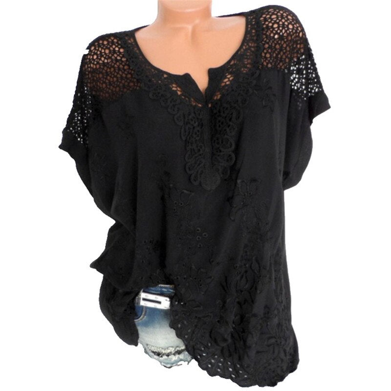 🛒💖【ΕΚΠΤΩΣΗ ΤΕΛΟΥΣ ΣΕΖΟΝΤΟΣ】【S-6XL】✨ 2025 Νέα γυναικεία κέντημα δαντέλα με κοντά μανίκια και V λαιμόκοψη – Κομψότητα και άνεση σε κάθε εμφάνιση