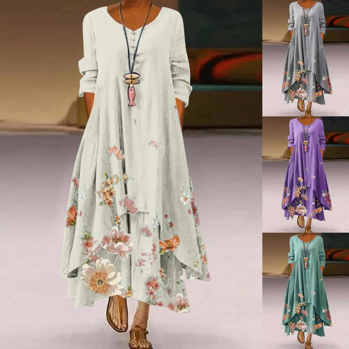 🌸【S-5XL】2025 Wiosna Nowa Moda Damska Elegancka Sukienka Z Długim Rękawem Nadrukiem