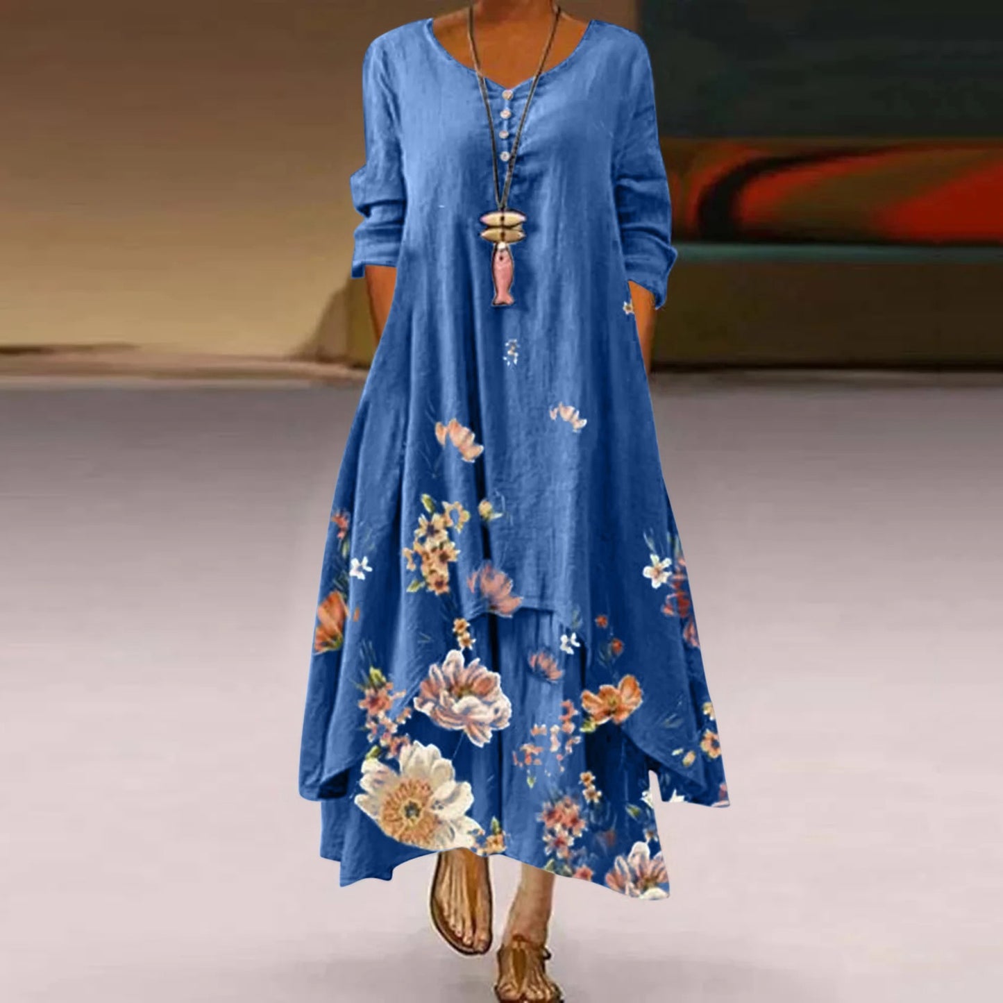 🌸【S-5XL】2025 Wiosna Nowa Moda Damska Elegancka Sukienka Z Długim Rękawem Nadrukiem
