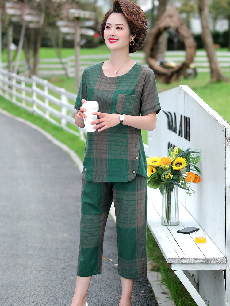 💖【M-4XL】Nowy dwuczęściowy kombinezon w kratę: top + spodnie casual - 4038460