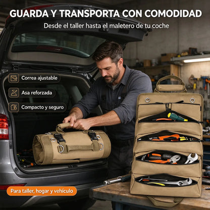 🛠️ Organizador Portaherramientas Enrollable de Tejido Oxford, 4 Compartimentos y 2 Bolsas Desmontables, Resistente para Electricistas, Mecánicos y Carpinteros 🚗