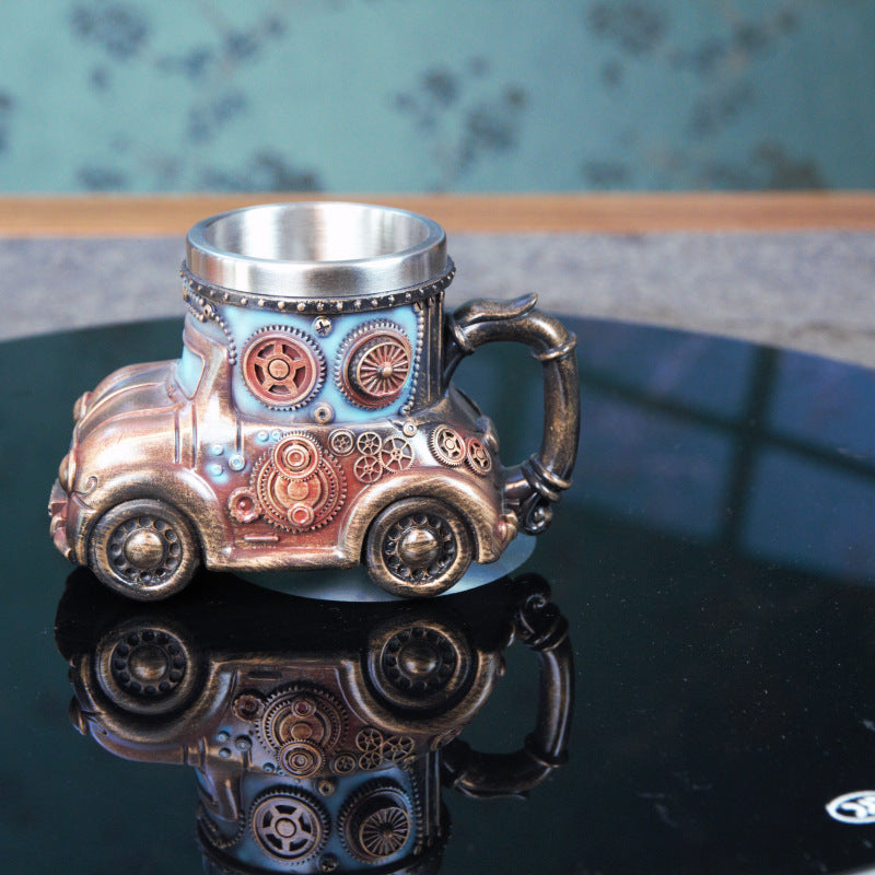 🏆✨【Ograniczona czasowo zniżka】Mechaniczny kubek do kawy ze stali nierdzewnej z wytłoczonym modelem samochodu w stylu retro