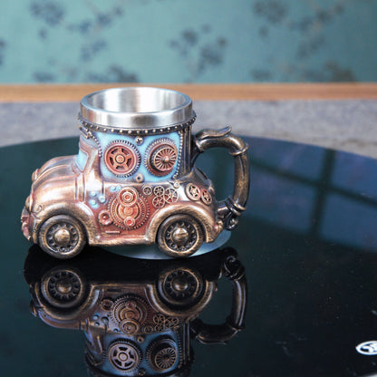 🏆✨【Ograniczona czasowo zniżka】Mechaniczny kubek do kawy ze stali nierdzewnej z wytłoczonym modelem samochodu w stylu retro