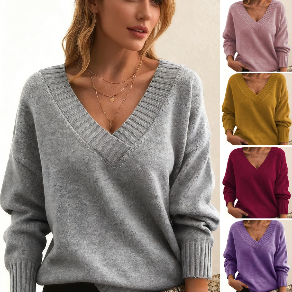 💞【S-3XL】Jesień i zima Damski luźny sweter z dekoltem w serek – miękki i wygodny materiał