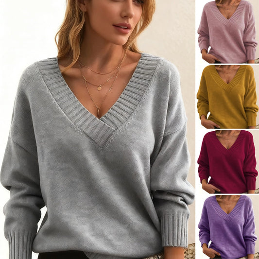 💞【S-3XL】Jesień i zima Damski luźny sweter z dekoltem w serek – miękki i wygodny materiał