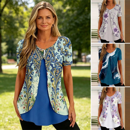 🌸【S-5XL】Elegantna bluza 2 u 1 s cvjetnim printom – široki kroj koji skriva trbuh i vitkije oblikuje figuru