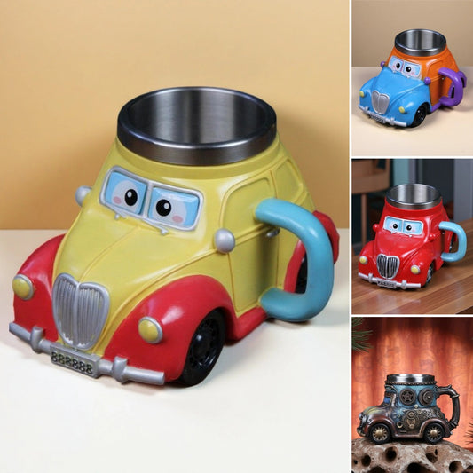 🏆✨【Ograniczona czasowo zniżka】Mechaniczny kubek do kawy ze stali nierdzewnej z wytłoczonym modelem samochodu w stylu retro