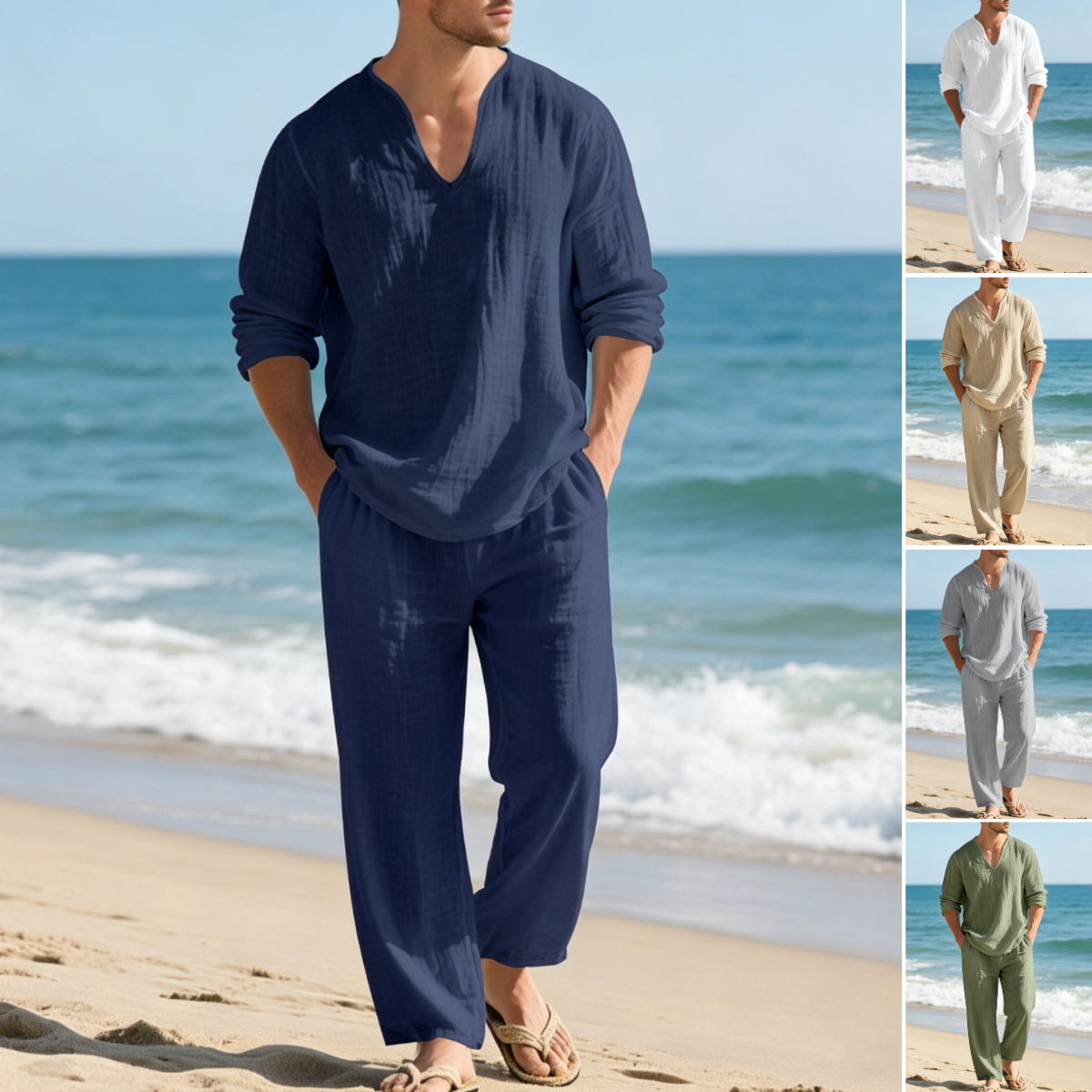 🌴 50% popusta🔥【Majica + hlače】Muško ležerno laneno odijelo širokog kroja s V-izrezom za plažu. ✅️Plaćanje pouzećem