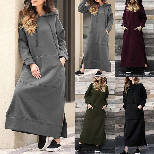 😍【S-5XL】Nowa, jesienno-zimowa, duża sukienka z kapturem, podszyta polarem, z dużymi kieszeniami.
