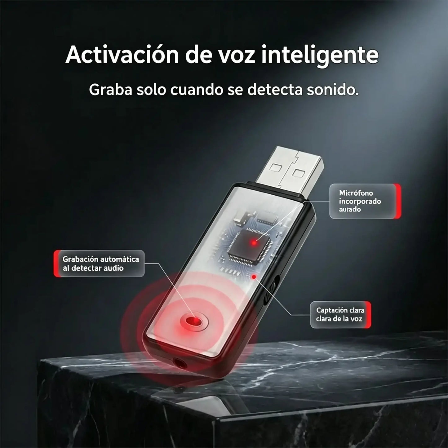 Grabadora de voz USB portátil de alta resolución con reducción de ruido.