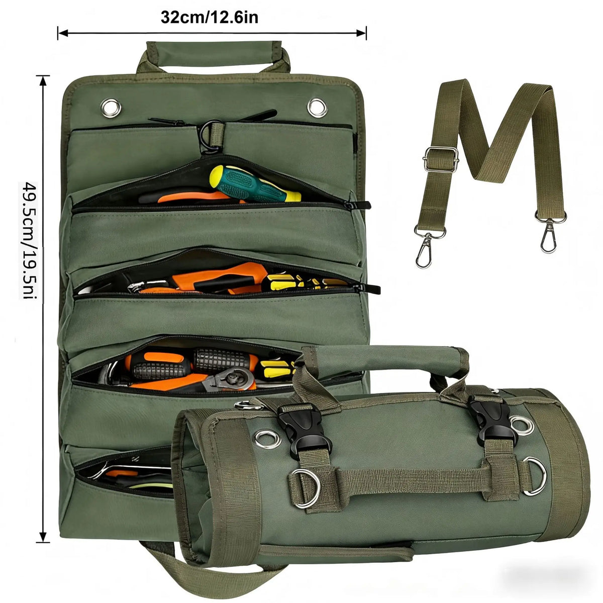 🛠️ Organizador Portaherramientas Enrollable de Tejido Oxford, 4 Compartimentos y 2 Bolsas Desmontables, Resistente para Electricistas, Mecánicos y Carpinteros 🚗