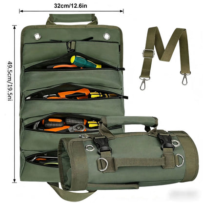 🛠️ Organizador Portaherramientas Enrollable de Tejido Oxford, 4 Compartimentos y 2 Bolsas Desmontables, Resistente para Electricistas, Mecánicos y Carpinteros 🚗