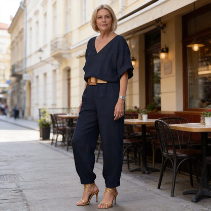 【S-5XL】Elegantni ženski set od lana i pamuka: široka bluza s V-izrezom i duge hlače, mekan, prozračan i hladan materijal