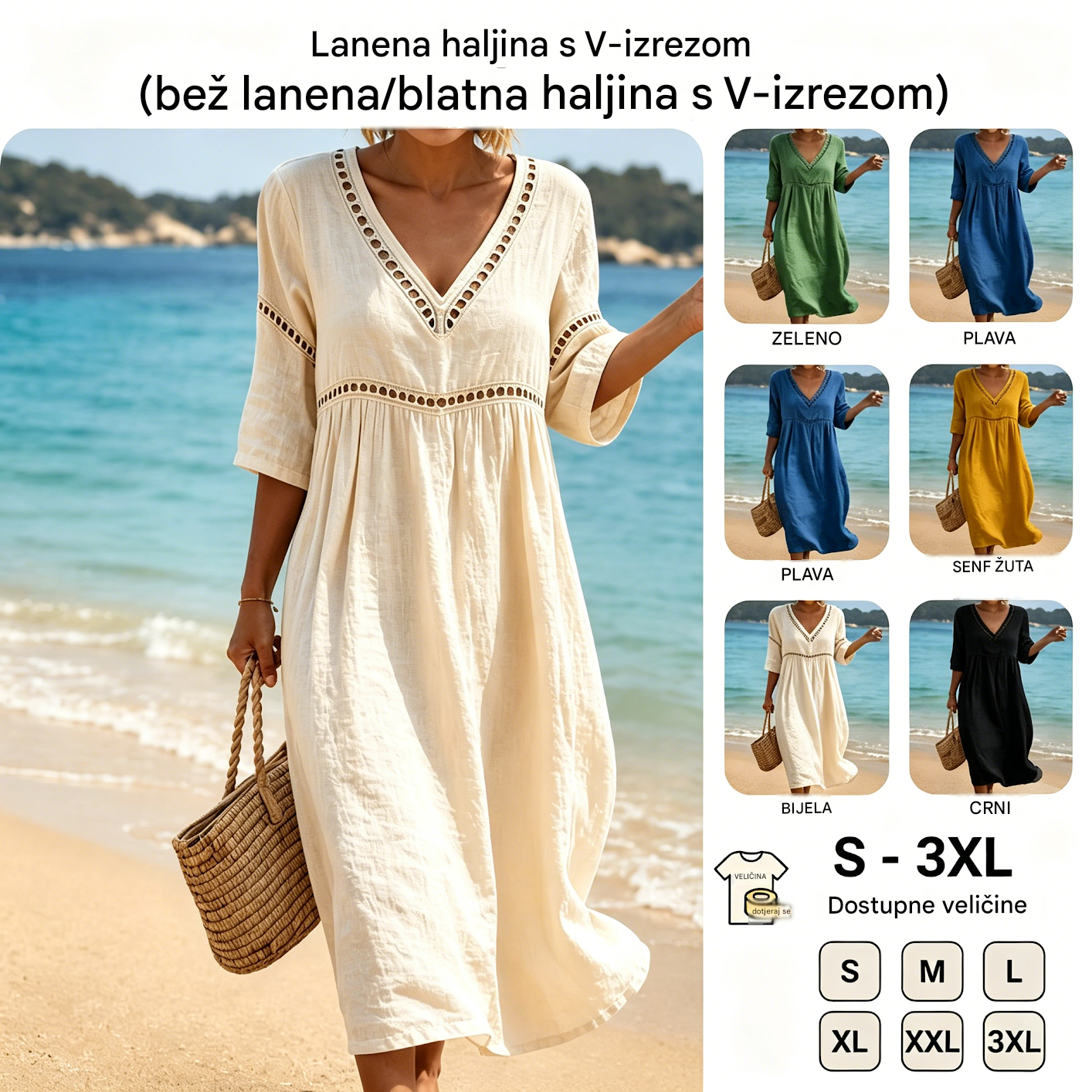 👗【S-3XL】Ljetna moderna pamučno-lanena haljina s V-izrezom, prozračna, udobna i stagnira