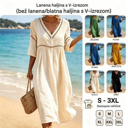 👗【S-3XL】Ljetna moderna pamučno-lanena haljina s V-izrezom, prozračna, udobna i stagnira