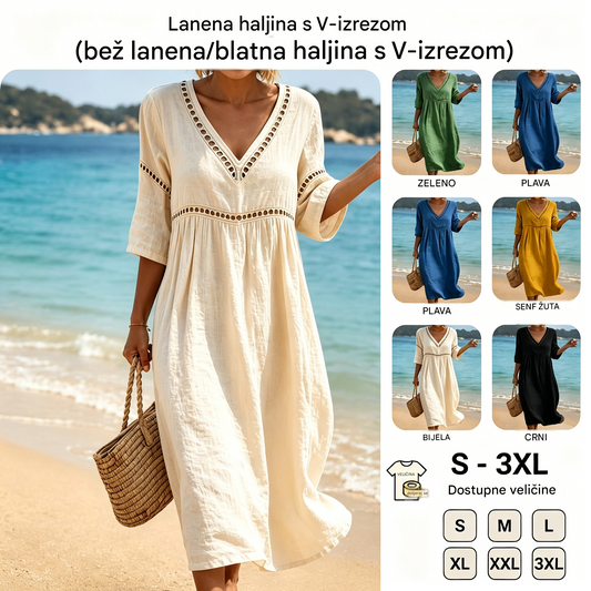 👗【S-3XL】Ljetna moderna pamučno-lanena haljina s V-izrezom, prozračna, udobna i stagnira