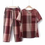 💖【M-4XL】【Topuri + Pantaloni】Set de pantaloni și tricou din bumbac carouri de mărime mare cazual