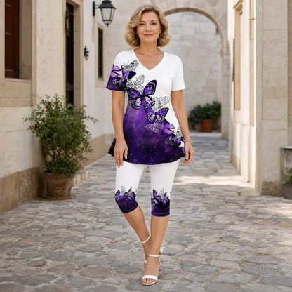 🦋【S-5XL】Conjunto casual de moda con estampado de mariposas degradadas.
