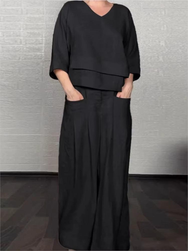 💎 Dvodijelni set od pamuka i lana s nepravilnim rubom - bluza s V-izrezom + hlače širokih nogavica, prozračan i prirodno elegantan 🍂👚