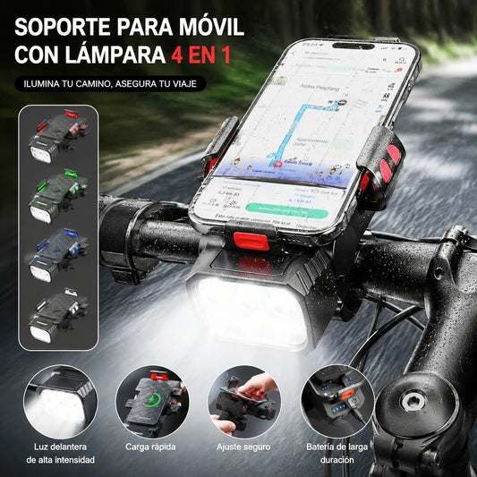 🚲💡Altavoz, luz y soporte para teléfono 4 en 1 para bicicleta de montaña, recargable.