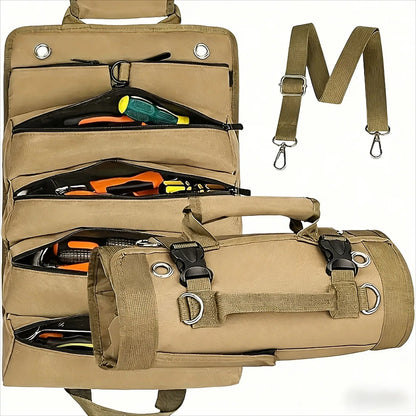 🛠️ Organizador Portaherramientas Enrollable de Tejido Oxford, 4 Compartimentos y 2 Bolsas Desmontables, Resistente para Electricistas, Mecánicos y Carpinteros 🚗