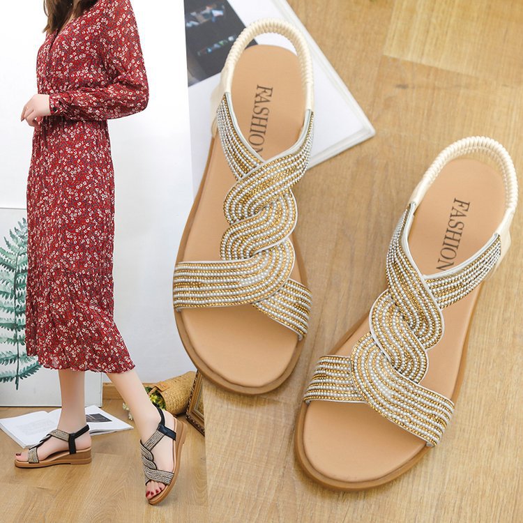 😍【35-40】2023 Noi sandale șiret elastic de vară cu stras talpa moale ortopedica