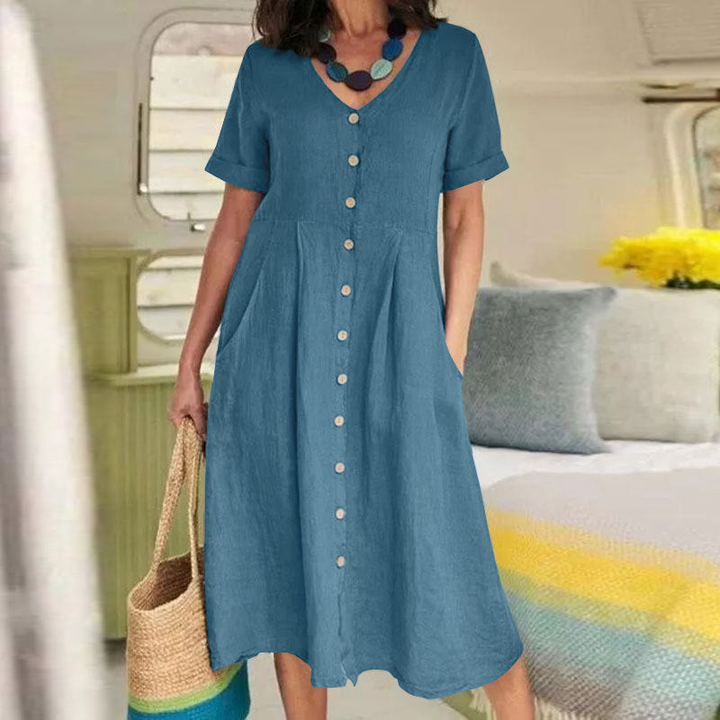 👗【S-5XL】Nova lanena haljina visokog struka, jednobojna, dizajn s džepovima