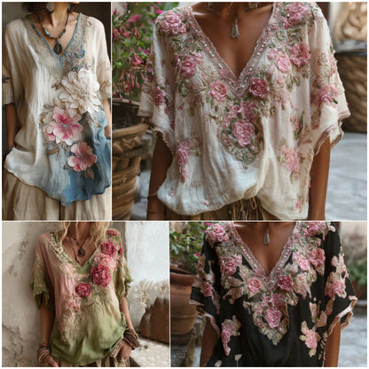 🌺 Elegancka koszulka z nadrukiem 3D i dekoltem w serek [S-4XL]
