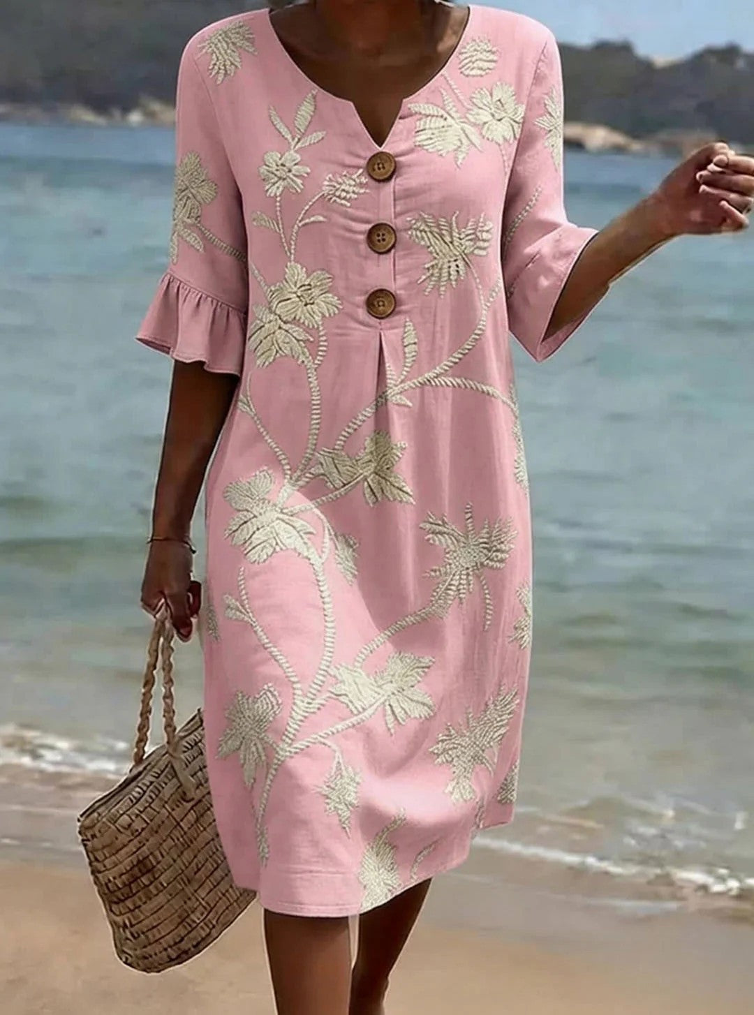 👗【S-3XL】Ženska haljina od pamuka i lana s napuhanim rukavima i gumbima
