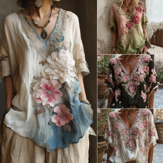 🌺【Ofertă limitată】Bluză elegantă cu imprimeu floral și decolteu adânc în V 【S-4XL】