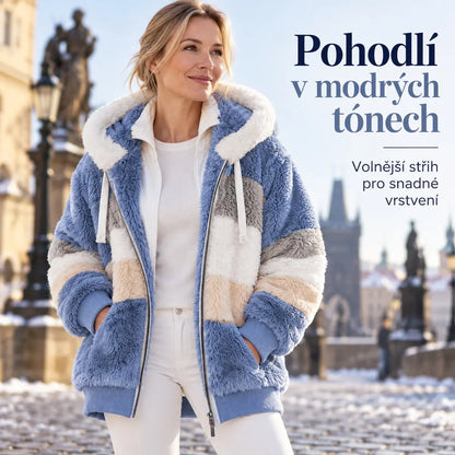 【S–5XL】Nový dámský hřejivý kabát pro rok 2026, zateplený plyšový design s kontrastními pruhy