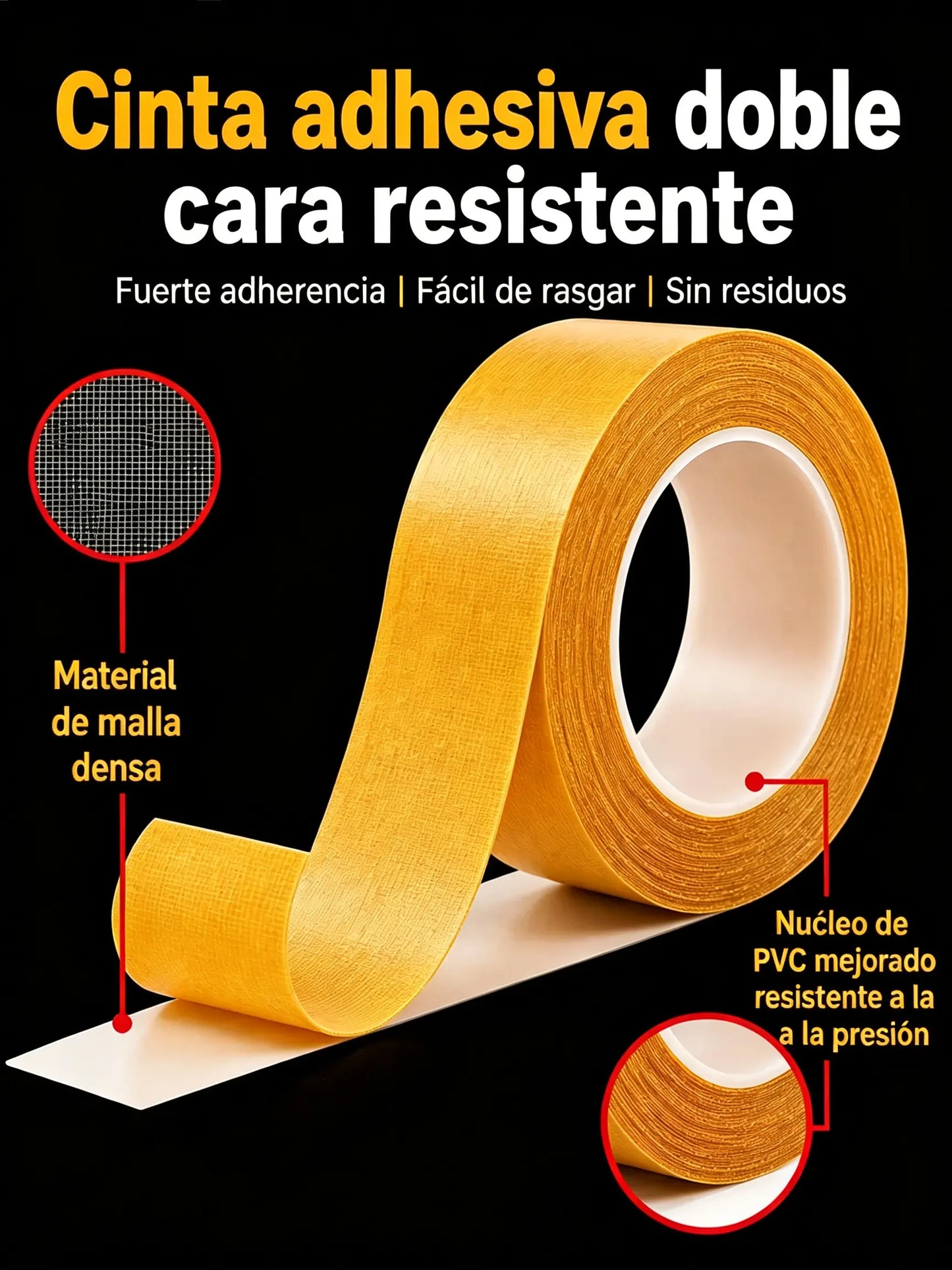 2 rollos [30 mm × 10 m] de cinta de doble cara de alta resistencia para alfombras: antideslizante, impermeable, sin residuos y con malla de refuerzo textil.