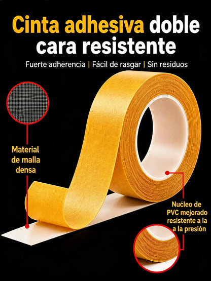 2 rollos [30 mm × 10 m] de cinta de doble cara de alta resistencia para alfombras: antideslizante, impermeable, sin residuos y con malla de refuerzo textil.