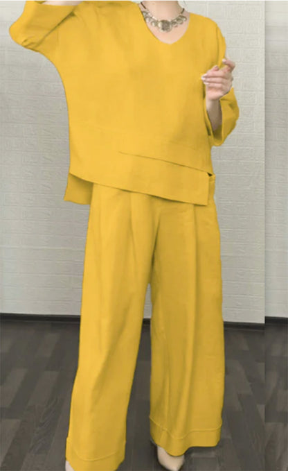 💎 Dvodijelni set od pamuka i lana s nepravilnim rubom - bluza s V-izrezom + hlače širokih nogavica, prozračan i prirodno elegantan 🍂👚