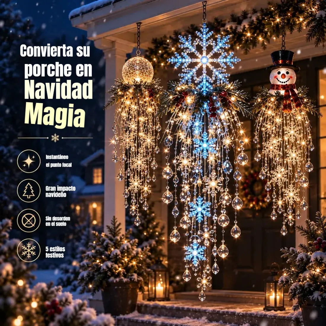 🔥 50% DE DESCUENTO HOY 🎅 Copo de nieve colgante navideño y luz LED de cristal | Brillo mágico para el porche ✨